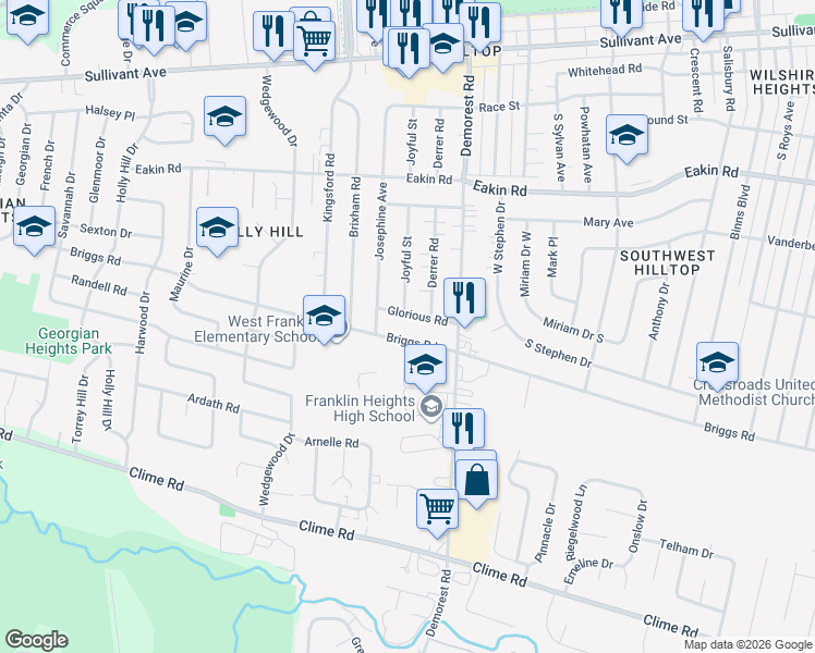map of restaurants, bars, coffee shops, grocery stores, and more near 3574 Briggs Road in Columbus