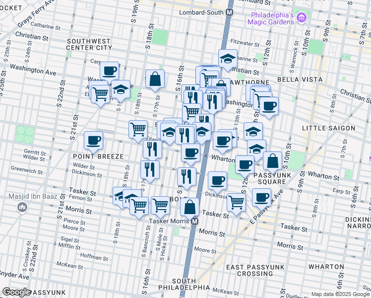map of restaurants, bars, coffee shops, grocery stores, and more near 1254 South 15th Street in Philadelphia