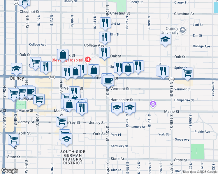 map of restaurants, bars, coffee shops, grocery stores, and more near 300 North 12th Street in Quincy