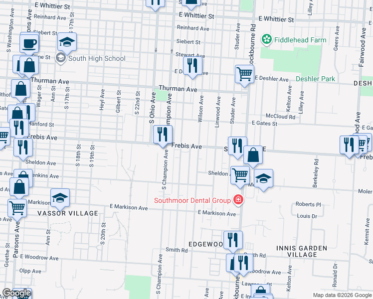 map of restaurants, bars, coffee shops, grocery stores, and more near 951 Frebis Avenue in Columbus