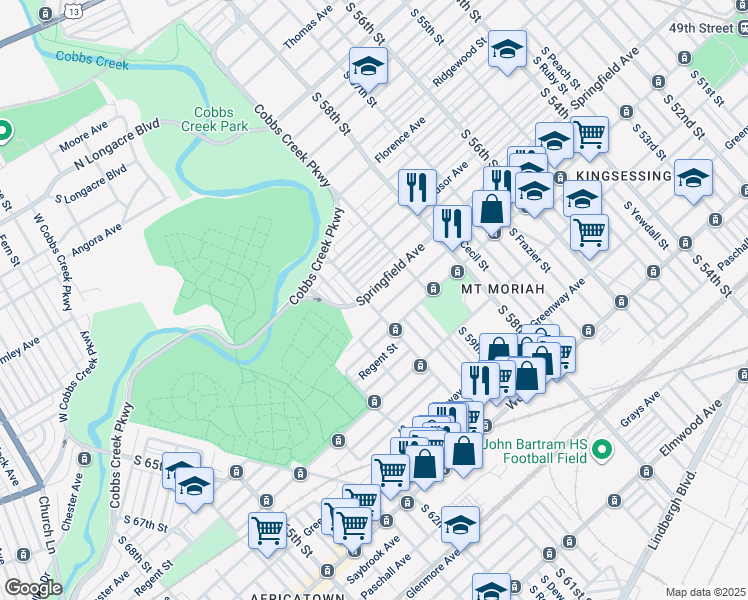 map of restaurants, bars, coffee shops, grocery stores, and more near 5966 Springfield Avenue in Philadelphia