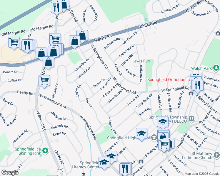 map of restaurants, bars, coffee shops, grocery stores, and more near 26 South Britton Road in Springfield