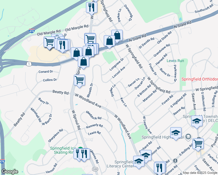 map of restaurants, bars, coffee shops, grocery stores, and more near 108 Snyder Lane in Springfield