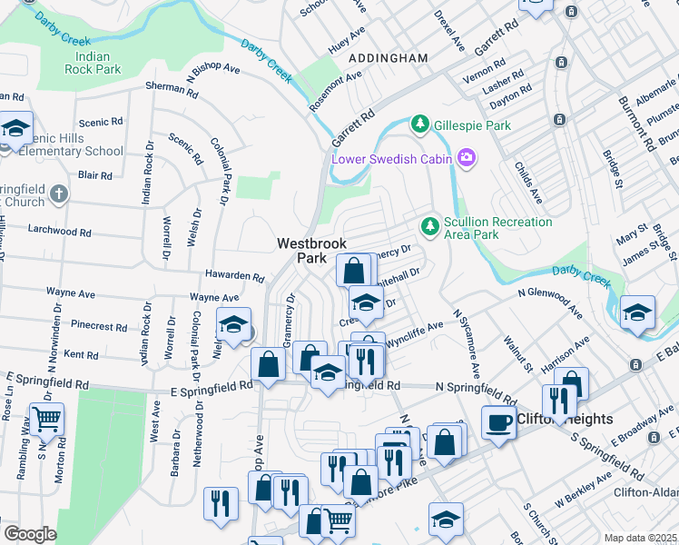 map of restaurants, bars, coffee shops, grocery stores, and more near 330 North Oak Avenue in Clifton Heights