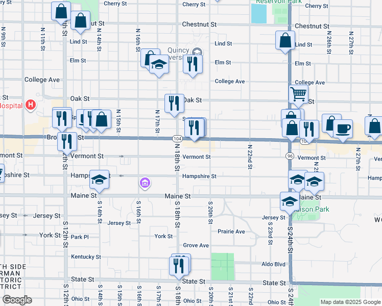 map of restaurants, bars, coffee shops, grocery stores, and more near 1823 Vermont Street in Quincy