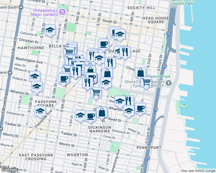 map of restaurants, bars, coffee shops, grocery stores, and more near 540 Washington Avenue in Philadelphia