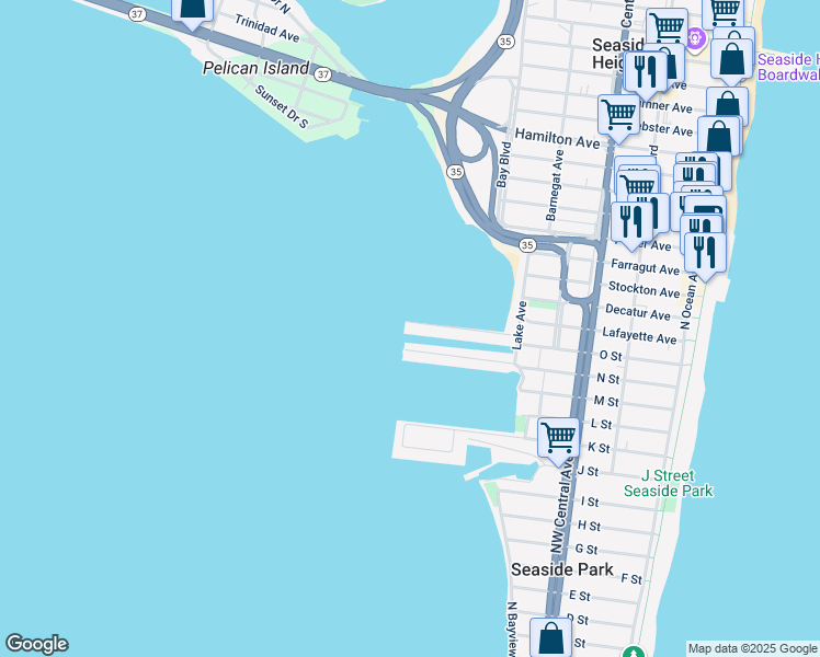 map of restaurants, bars, coffee shops, grocery stores, and more near 245 O Street in Seaside Park