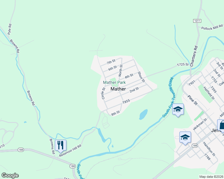 map of restaurants, bars, coffee shops, grocery stores, and more near 314 3rd Street in Mather