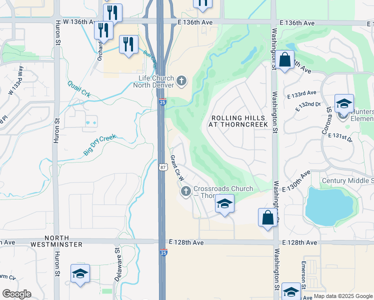 map of restaurants, bars, coffee shops, grocery stores, and more near 13102 Grant Circle North in Thornton