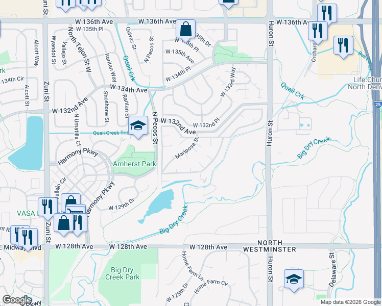 map of restaurants, bars, coffee shops, grocery stores, and more near 860 West 132nd Avenue in Westminster