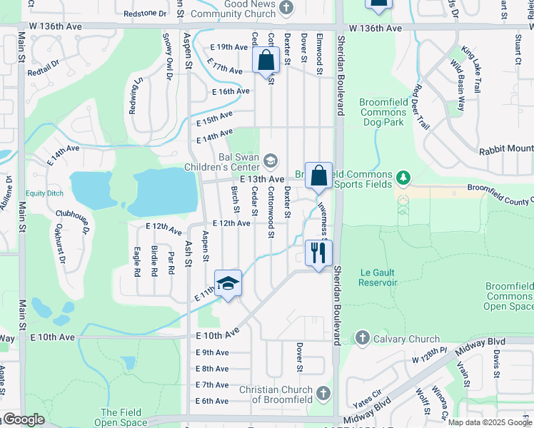 map of restaurants, bars, coffee shops, grocery stores, and more near 1203 Cottonwood Street in Broomfield