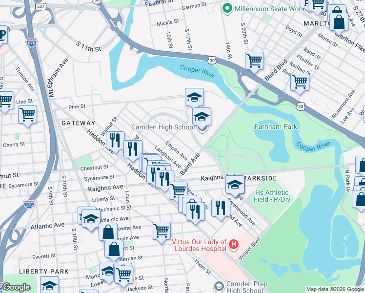 map of restaurants, bars, coffee shops, grocery stores, and more near 1234 Empire Avenue in Camden