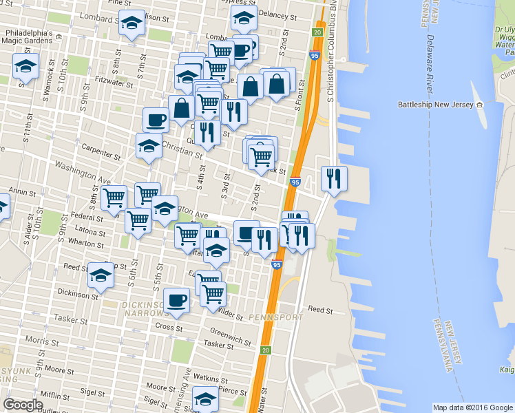 map of restaurants, bars, coffee shops, grocery stores, and more near 1011 South 2nd Street in Philadelphia