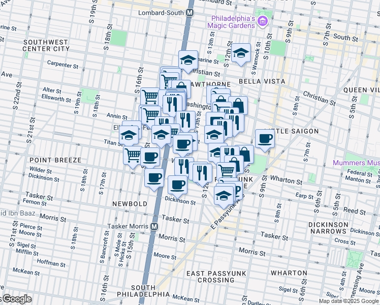 map of restaurants, bars, coffee shops, grocery stores, and more near 1221 South 13th Street in Philadelphia