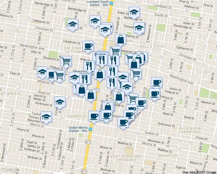 map of restaurants, bars, coffee shops, grocery stores, and more near 1234 South Juniper Street in Philadelphia