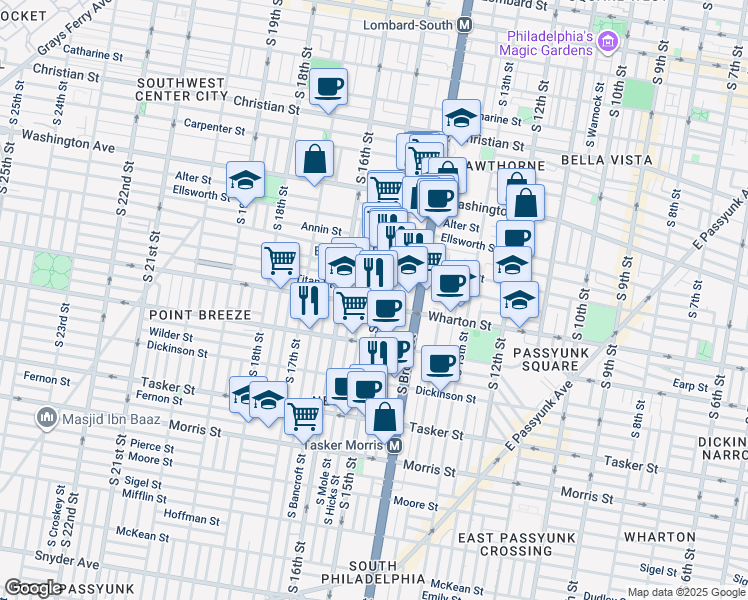 map of restaurants, bars, coffee shops, grocery stores, and more near 1256 South 15th Street in Philadelphia