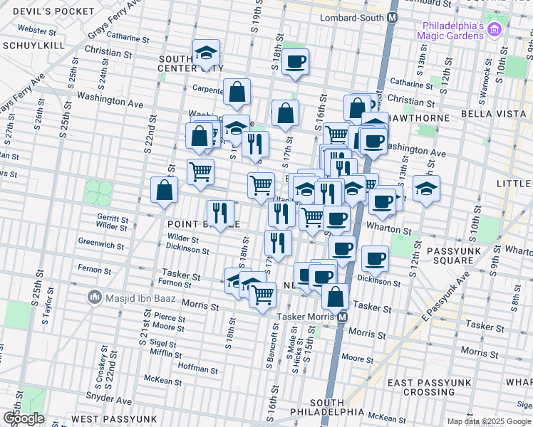 map of restaurants, bars, coffee shops, grocery stores, and more near 1308 South 17th Street in Philadelphia