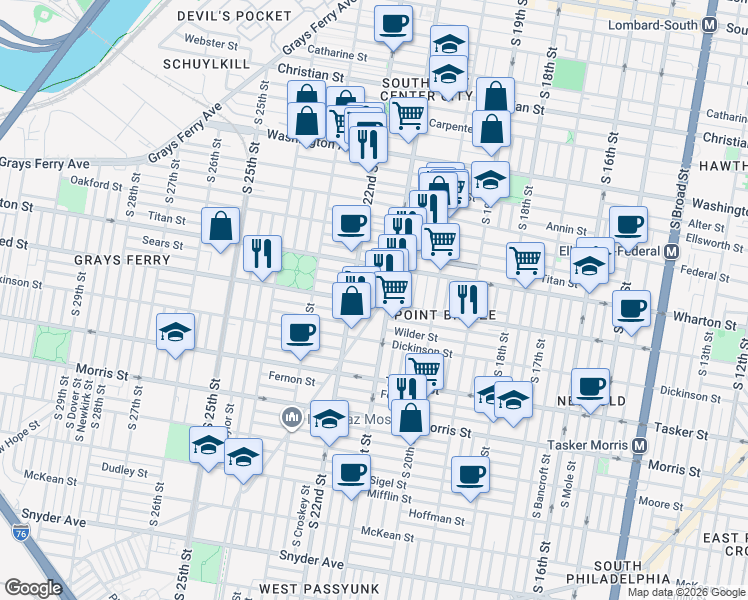map of restaurants, bars, coffee shops, grocery stores, and more near 2113 Reed Street in Philadelphia