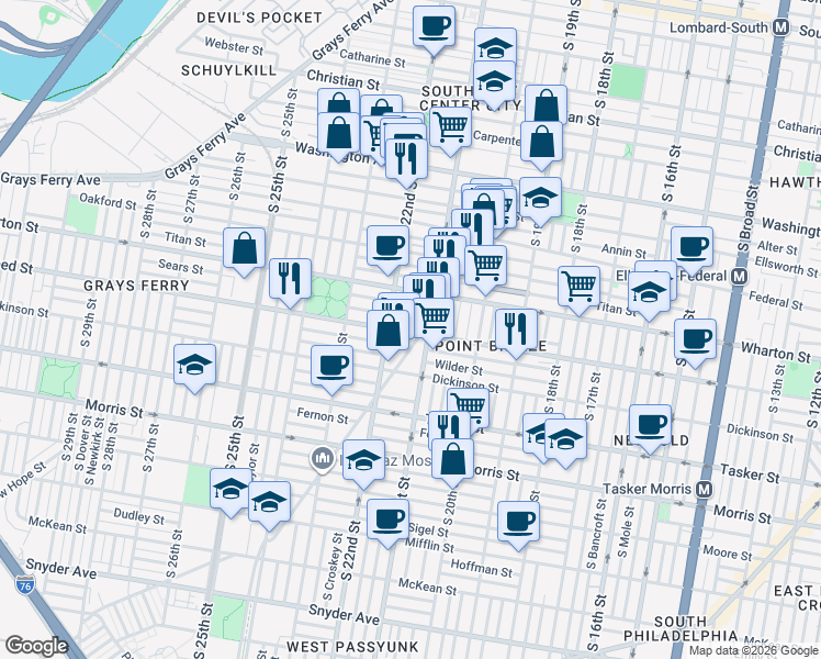 map of restaurants, bars, coffee shops, grocery stores, and more near 2113 Reed Street in Philadelphia
