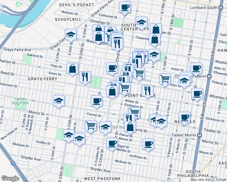 map of restaurants, bars, coffee shops, grocery stores, and more near 2113 Reed Street in Philadelphia