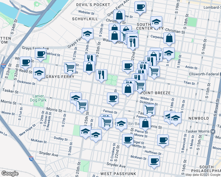 map of restaurants, bars, coffee shops, grocery stores, and more near 2327 Gerritt Street in Philadelphia