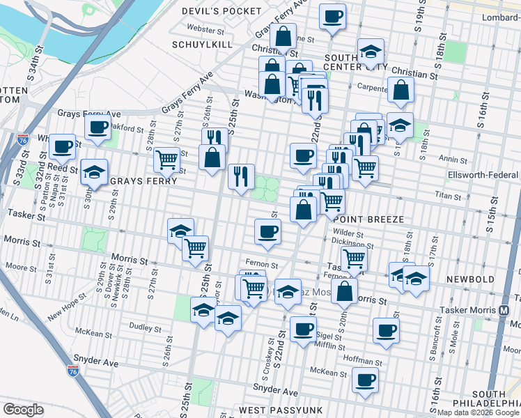 map of restaurants, bars, coffee shops, grocery stores, and more near 2311 Gerritt Street in Philadelphia