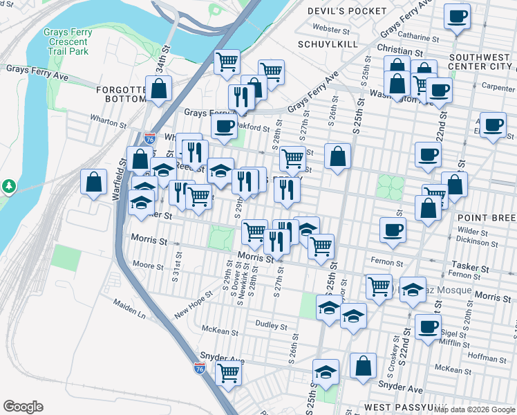 map of restaurants, bars, coffee shops, grocery stores, and more near 1509 South Dover Street in Philadelphia