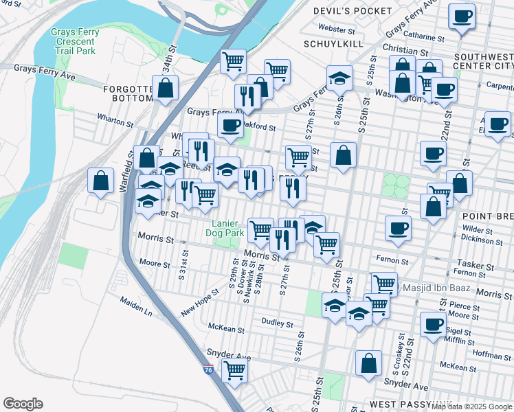 map of restaurants, bars, coffee shops, grocery stores, and more near 1511 South Dover Street in Philadelphia