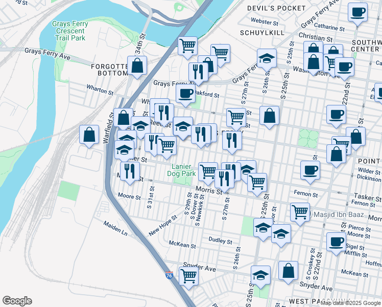 map of restaurants, bars, coffee shops, grocery stores, and more near 1519 South Myrtlewood Street in Philadelphia