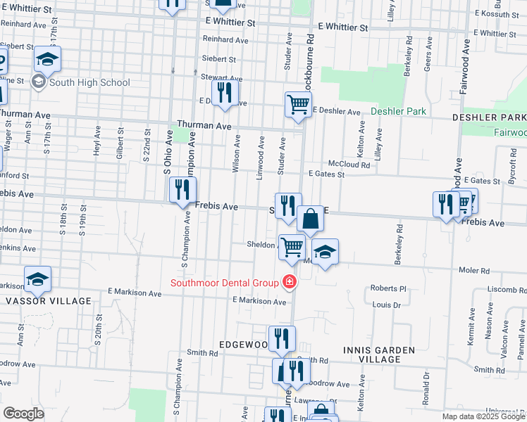 map of restaurants, bars, coffee shops, grocery stores, and more near 1512 Linwood Avenue in Columbus