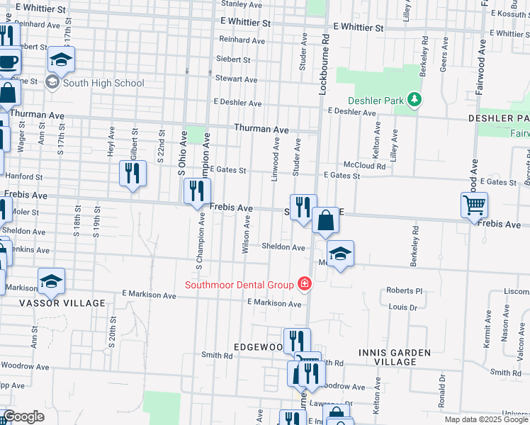 map of restaurants, bars, coffee shops, grocery stores, and more near 1009 Frebis Avenue in Columbus