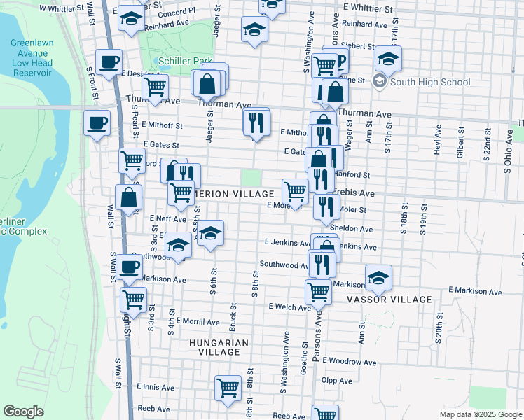 map of restaurants, bars, coffee shops, grocery stores, and more near 313 East Moler Street in Columbus