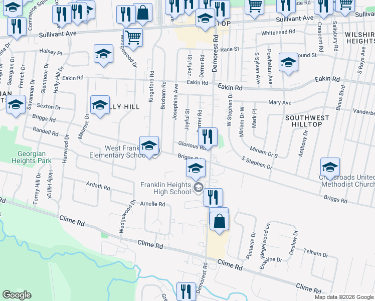 map of restaurants, bars, coffee shops, grocery stores, and more near 3574 Briggs Road in Columbus