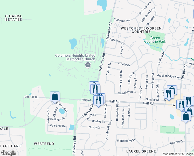 map of restaurants, bars, coffee shops, grocery stores, and more near 800 Galloway Road in Galloway