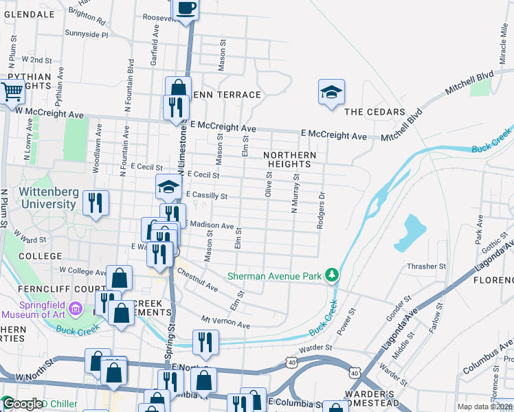 map of restaurants, bars, coffee shops, grocery stores, and more near 519 East Cassilly Street in Springfield