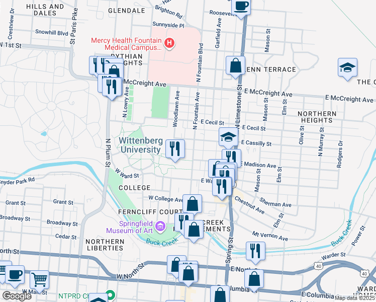 map of restaurants, bars, coffee shops, grocery stores, and more near 815-819 N Fountain Ave in Springfield