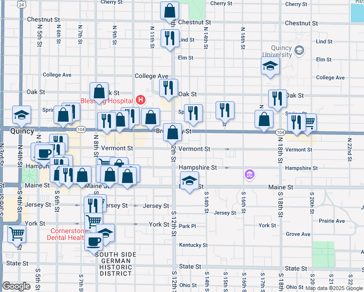 map of restaurants, bars, coffee shops, grocery stores, and more near 300 North 12th Street in Quincy