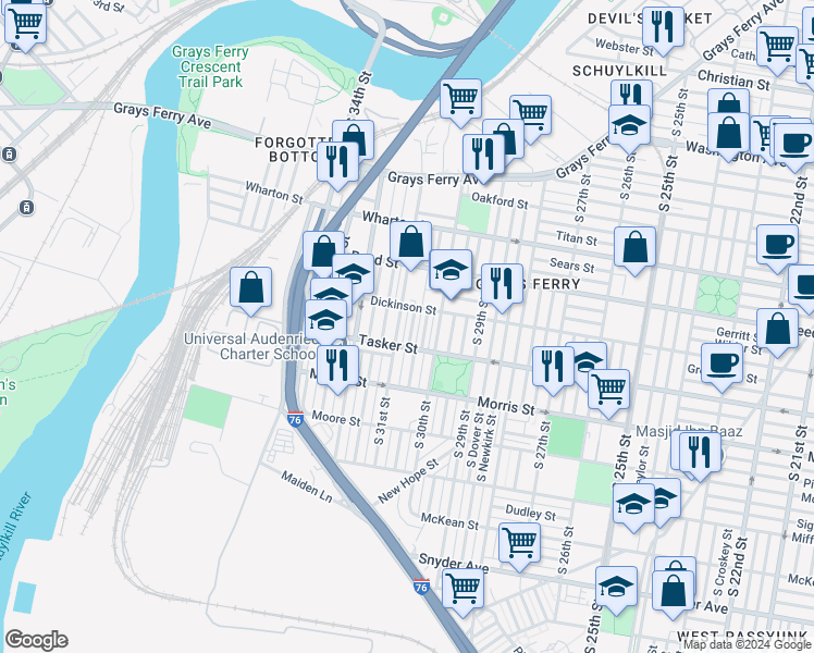 map of restaurants, bars, coffee shops, grocery stores, and more near 1522 South Stanley Street in Philadelphia