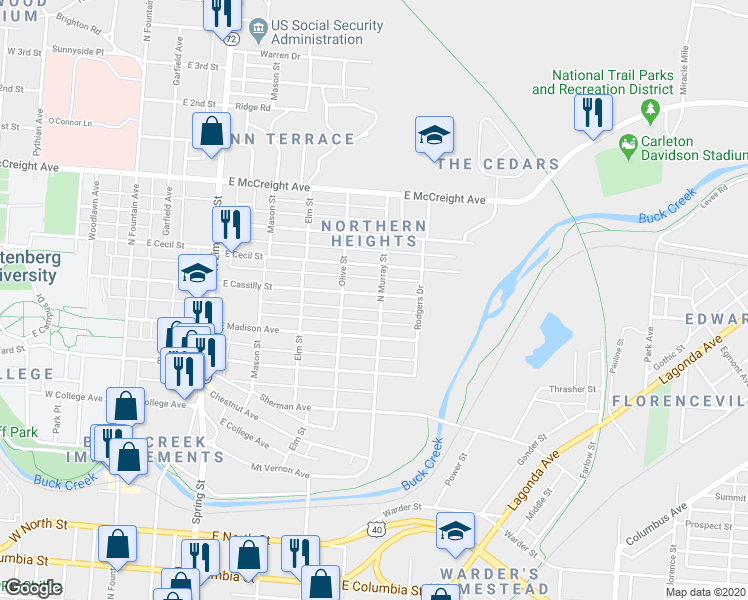 map of restaurants, bars, coffee shops, grocery stores, and more near 615 East Cassilly Street in Springfield