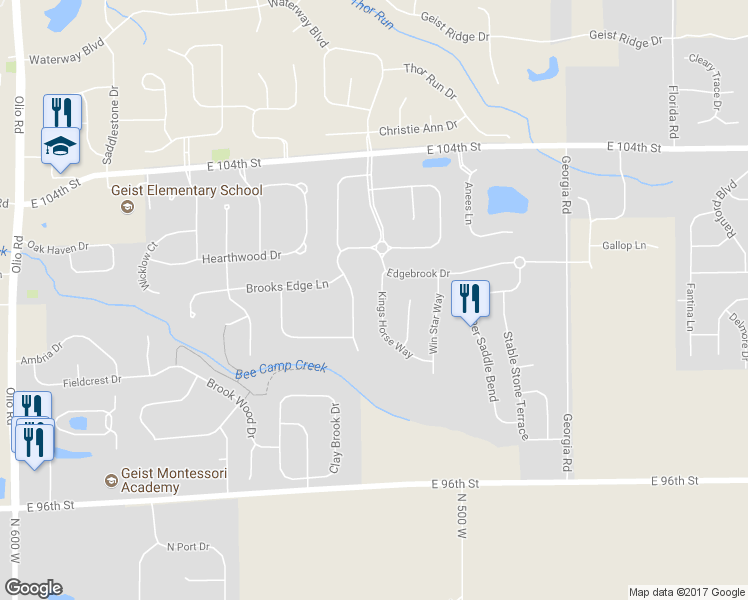 map of restaurants, bars, coffee shops, grocery stores, and more near 10036 Kings Horse Way in Fishers