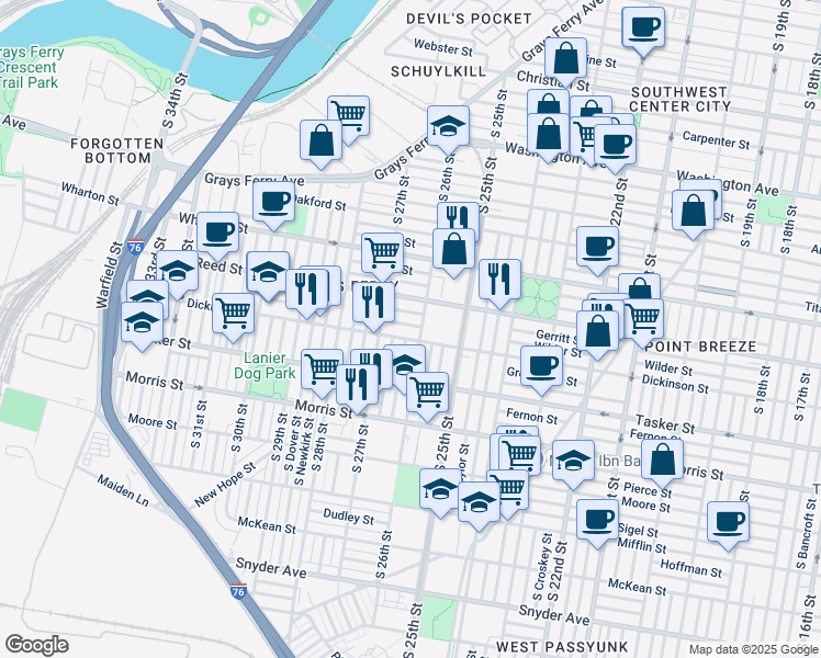 map of restaurants, bars, coffee shops, grocery stores, and more near 2600 Wilder Street in Philadelphia