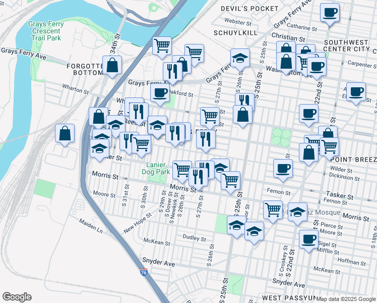 map of restaurants, bars, coffee shops, grocery stores, and more near 1500 South Marston Street in Philadelphia