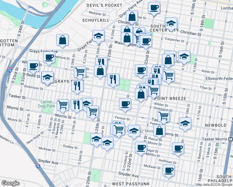 map of restaurants, bars, coffee shops, grocery stores, and more near S 24th St & Gerritt St in Philadelphia