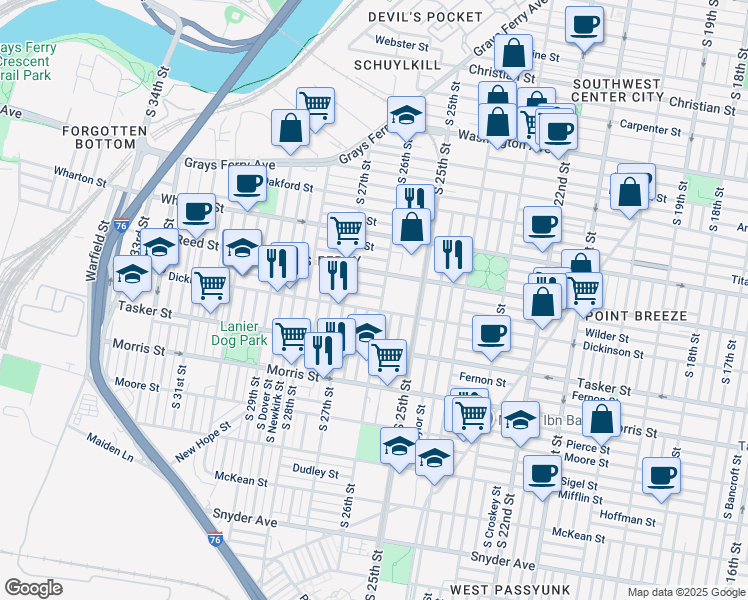 map of restaurants, bars, coffee shops, grocery stores, and more near 2608 Wilder Street in Philadelphia