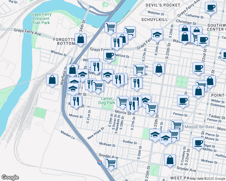 map of restaurants, bars, coffee shops, grocery stores, and more near 1511 South Hollywood Street in Philadelphia