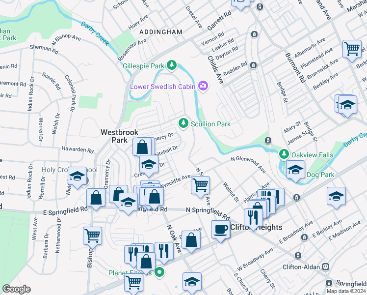 map of restaurants, bars, coffee shops, grocery stores, and more near 283 Whitehall Drive in Clifton Heights