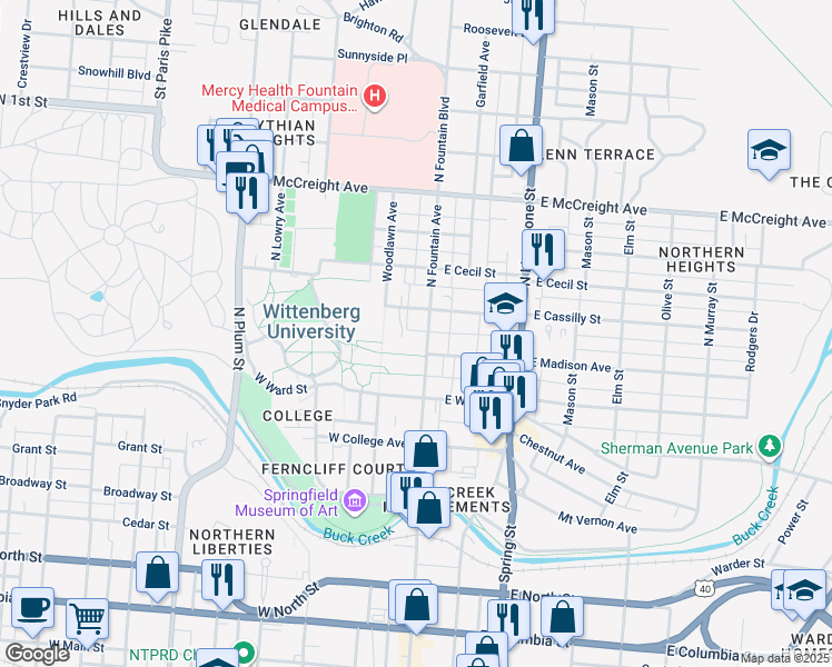 map of restaurants, bars, coffee shops, grocery stores, and more near 819 North Fountain Avenue in Springfield