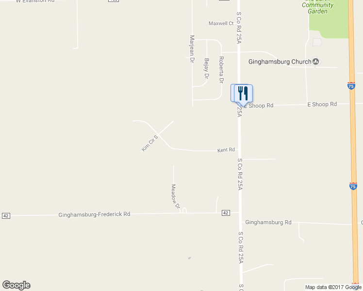 map of restaurants, bars, coffee shops, grocery stores, and more near 275 Kent Road in Tipp City