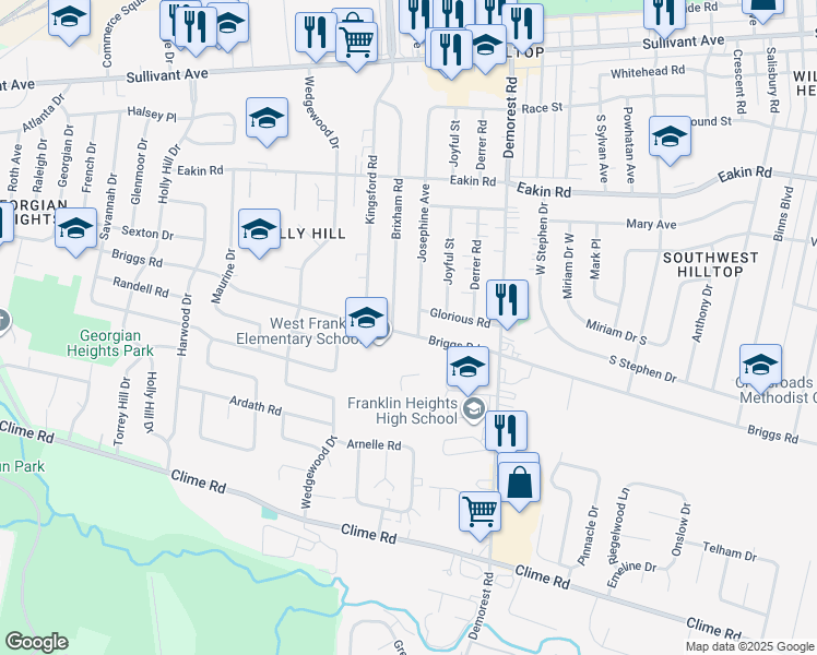 map of restaurants, bars, coffee shops, grocery stores, and more near 3612 Briggs Road in Columbus