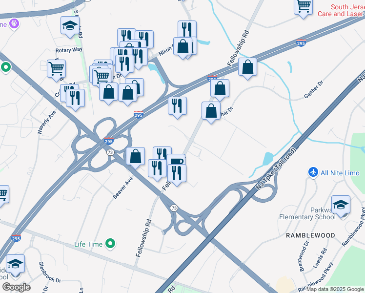 map of restaurants, bars, coffee shops, grocery stores, and more near 521 Fellowship Road in Mount Laurel Township